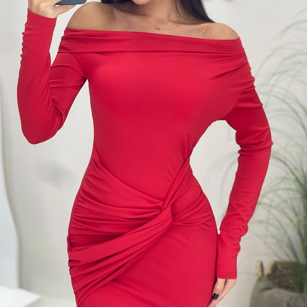 Customized A-line Evening Dresses Tea-length Boat Neck Full Sleeve Prom Gown Simple Fashion Draped Pleat Casual Party Gown 4