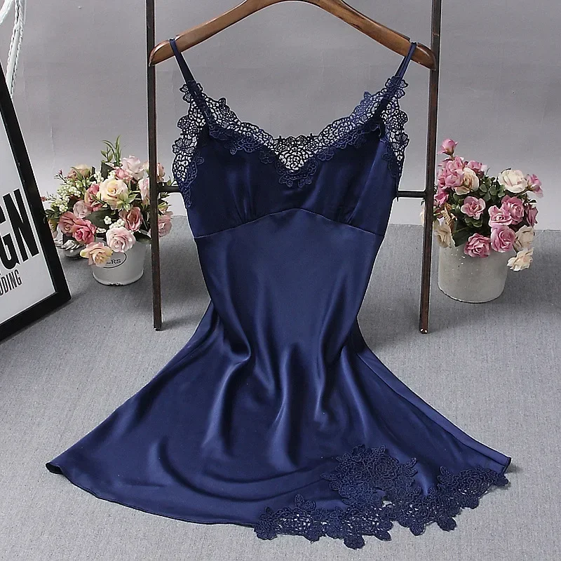 Sexy Womens Nightdress Silky Satin Lace Strap Sleep Dress Sleepwear Home Wear Nightgown With Chest Pad Night Gown