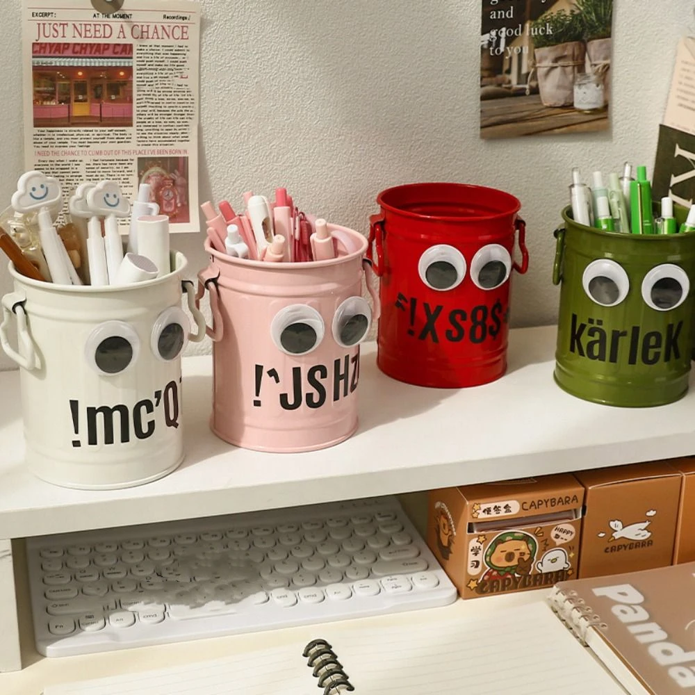 Durable Aesthetic Big Eyes Pen Holder Kawaii Cute Iron Pencil Holder Large-capacity Funny Storage Bucket Makeup Brush