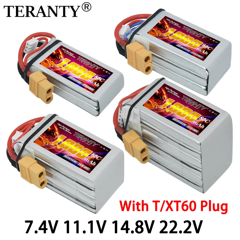 2 Stück TERANTY 2S 3S 4S 6S 7,4V 11,1V 14,8V 22,2V 1000mAh 80C mit T-Stecker für Quadcopter, unbemannte Luftfahrzeuge, FPV Lipo-Akku