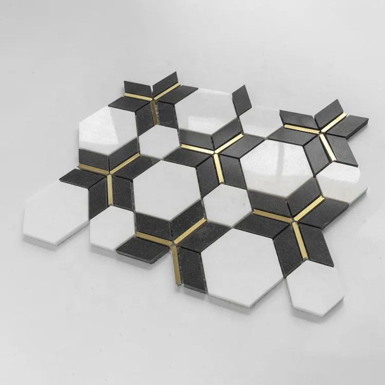 

Natural marble white and black Carrara diamond hexagon mosaic tiles bathroom floor tiles polished brass marble tiles