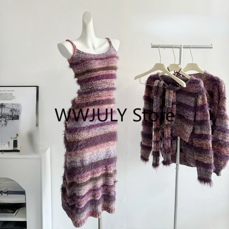 2024 Spring Knitted Stripe Slim Clothing Woman Chic French Vintage Midi Dress Party Korean Fashion Elegant Suit Outwear Design