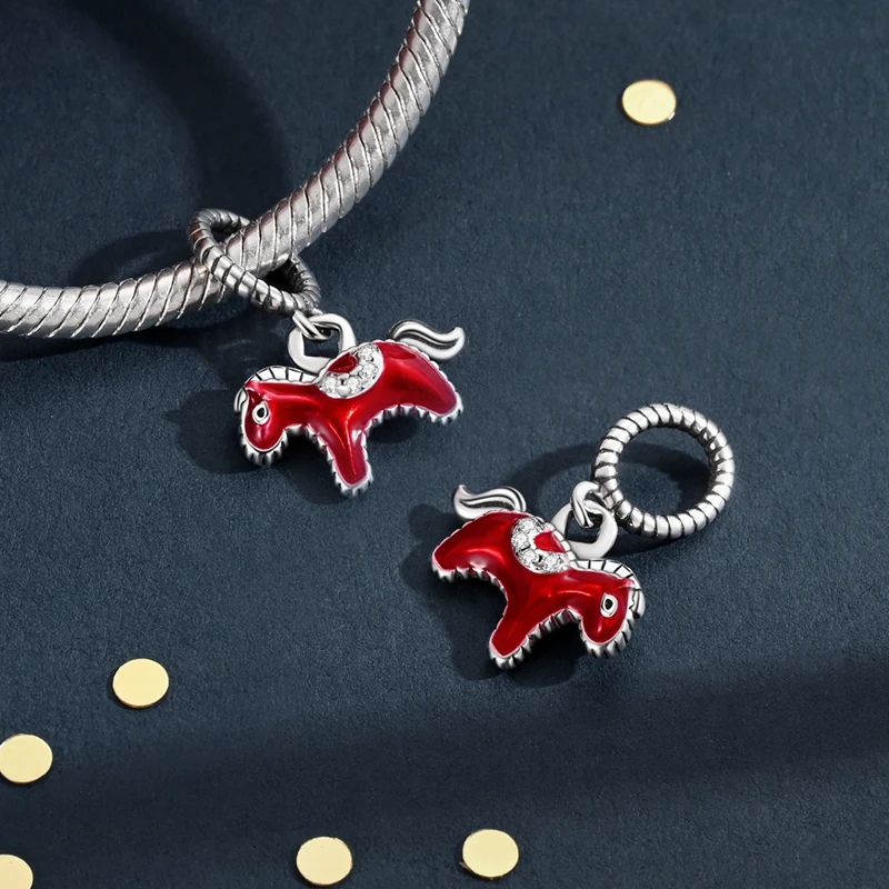 

Hot Sale Red Pony Charms Beads 925 Sterling Silver New Year Series Pendants Fit DIY Original Bangle Bracelet Charm Jewelry