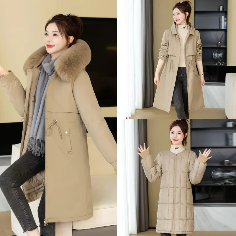 Three Wearing Style Overcomes Women's Winter Waist Cinching Hooded Large Fur Collar Thickened Medium Long Cotton Jacket