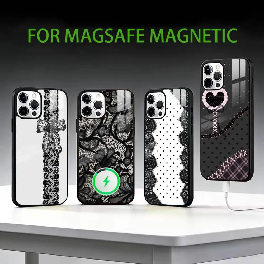 

Black lace P-Print New Hot Phone Case For iPhone17,16,15,14,13,12,11 Plus,Pro Max Magnetic For Magsafe Wireless Charging