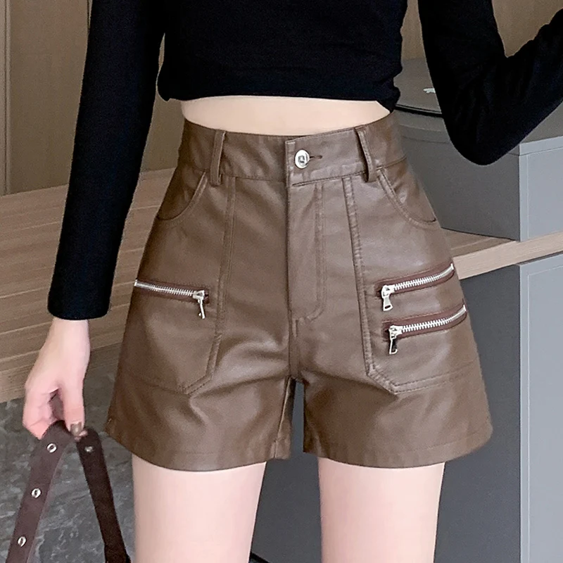 

Autumn Winter PU Leather High-waisted Shorts Women Mulit-zipper High Quality Washed Y2k Hot Short Pants Streetwear Short Femme