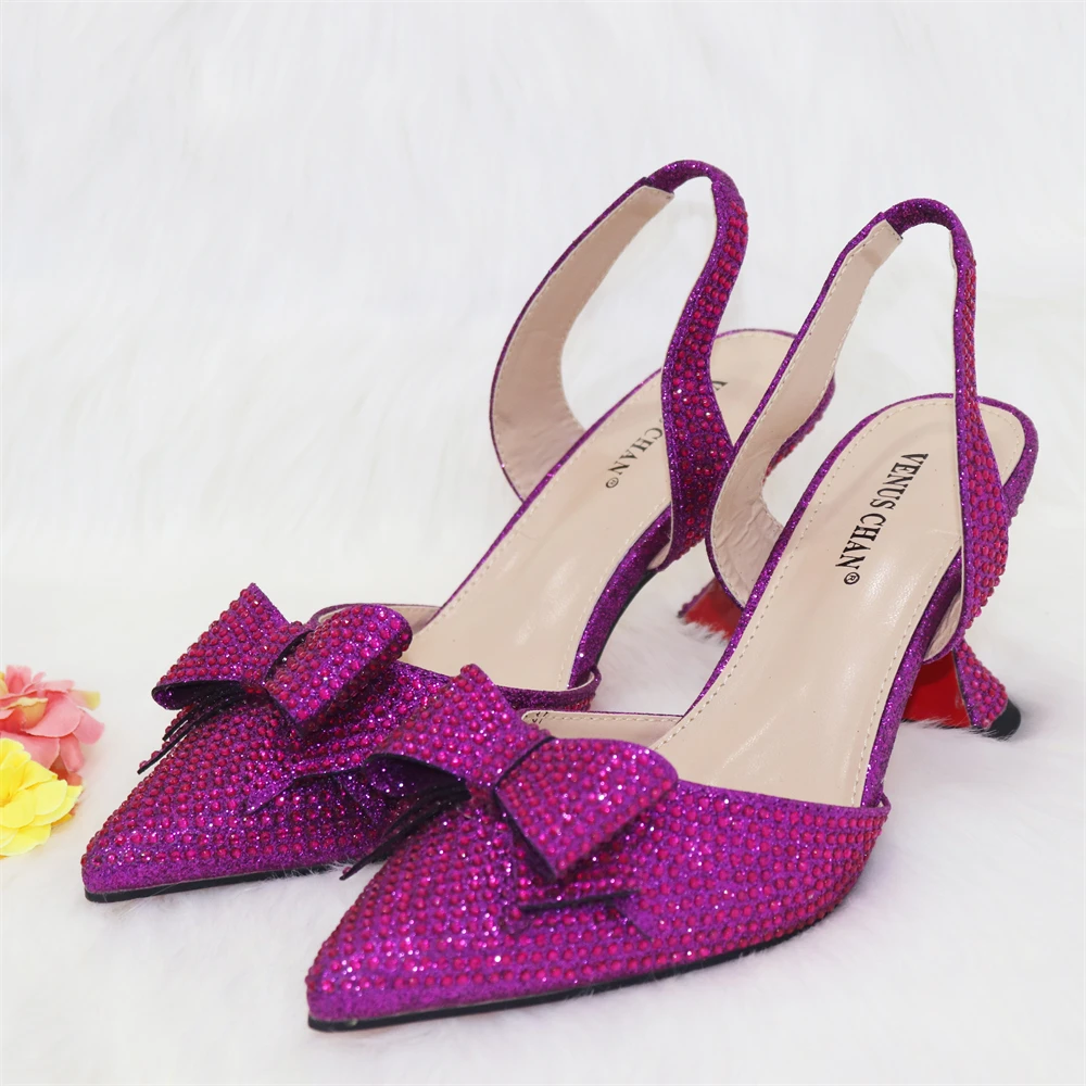 2023 New Arrivals Special Design Purple Color African Women Shoes and Bag Set Pointed Toe Pumps for Wedding Party