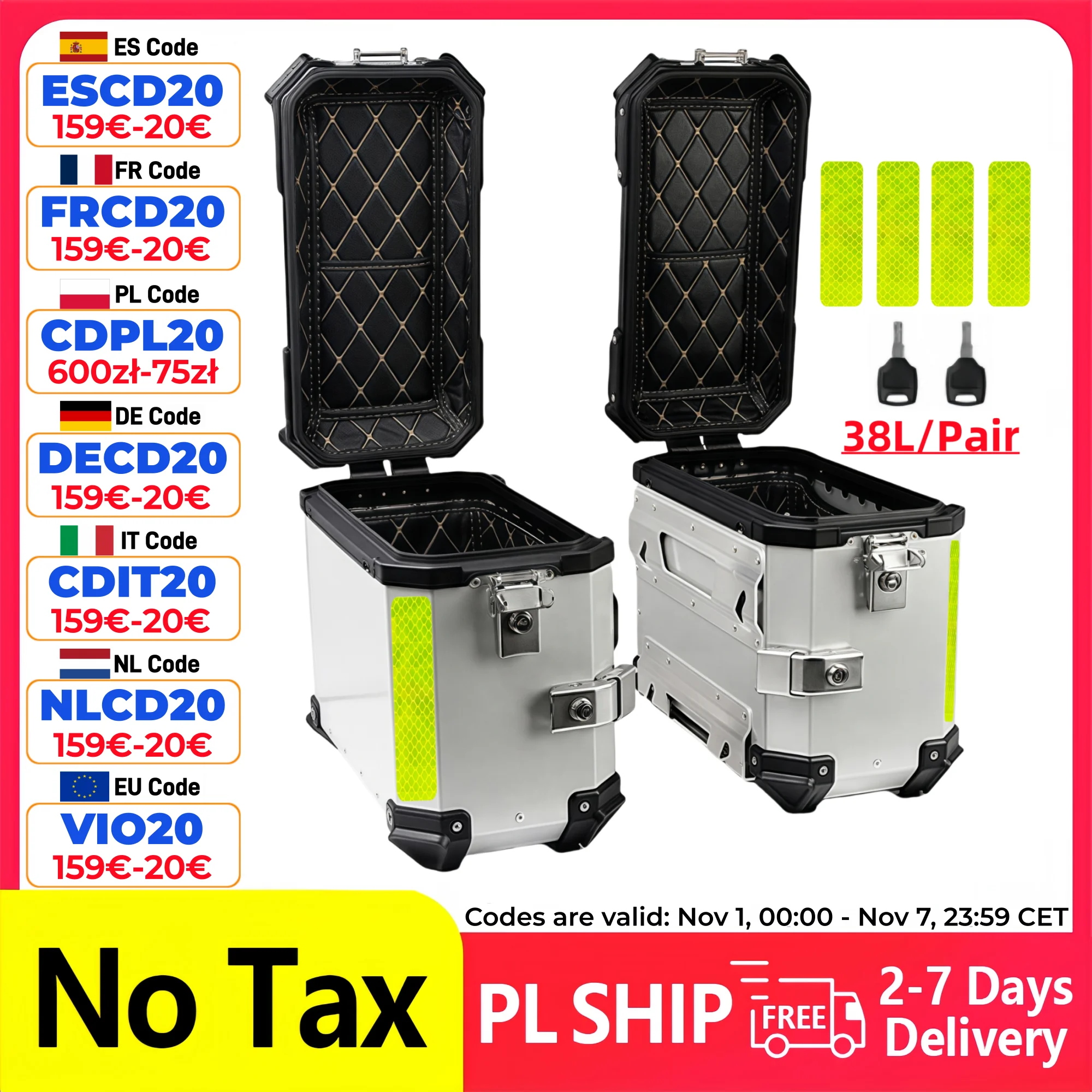 Motorcycle Side Box Quick Release Aluminum Motorcycle Saddlebag Metal Silver 38L Side Suitcase Luggage Case Waterproof Toolbox