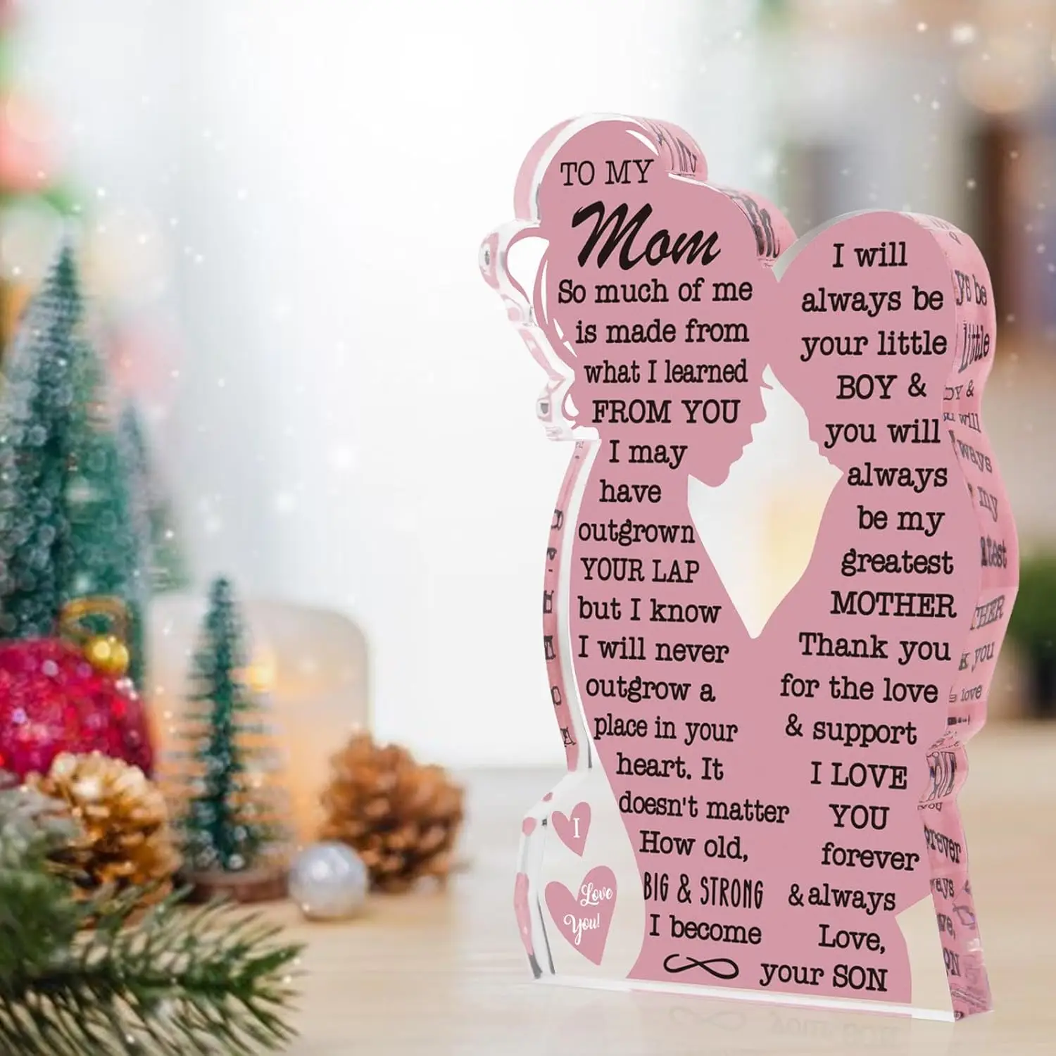 Mom Gifts from Son Gift for Mom, Heartfelt Mom Gift from Son - Pink Acrylic Desk Decor with Love Quote, Perfect for Mother's Day