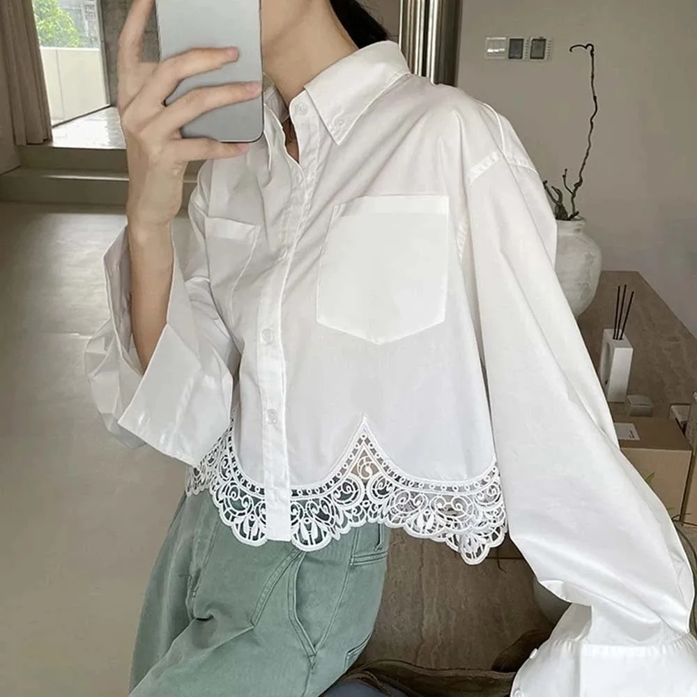 

Irregular Lace Women's Plain Lace Shirt Leisure Lapel Streetwear Korean Style Blouse White Long Clothing Sleeves