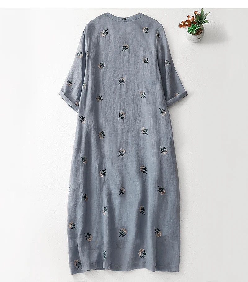 Cotton and linen printing disk buckle medium-sleeved dress female summer new Korean version of the Chinese retro loose temperame