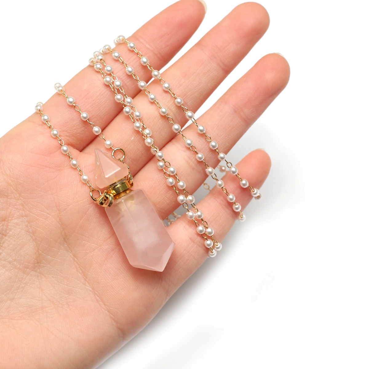 New Natural Stone Perfume Bottle Pendant Necklace Amethysts Pendant Necklace Essential Oil Diffuser Pearl Chain Length 80cm
