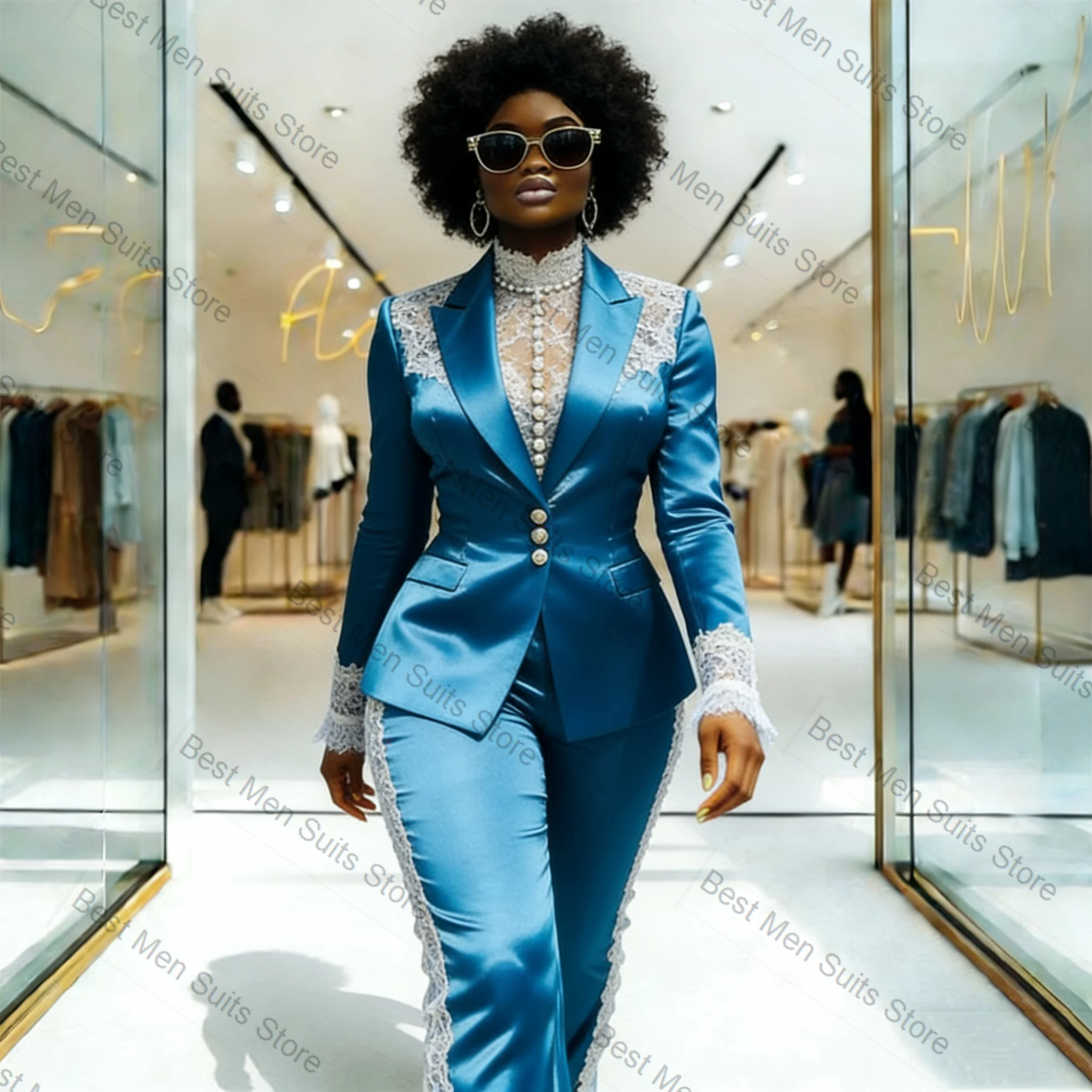 Blue Satin Women Suit Set 2 Pcs Blazer Pants Trousers White Lace Formal Office Jacket Customized Wedding Tuxedo Guest Coat