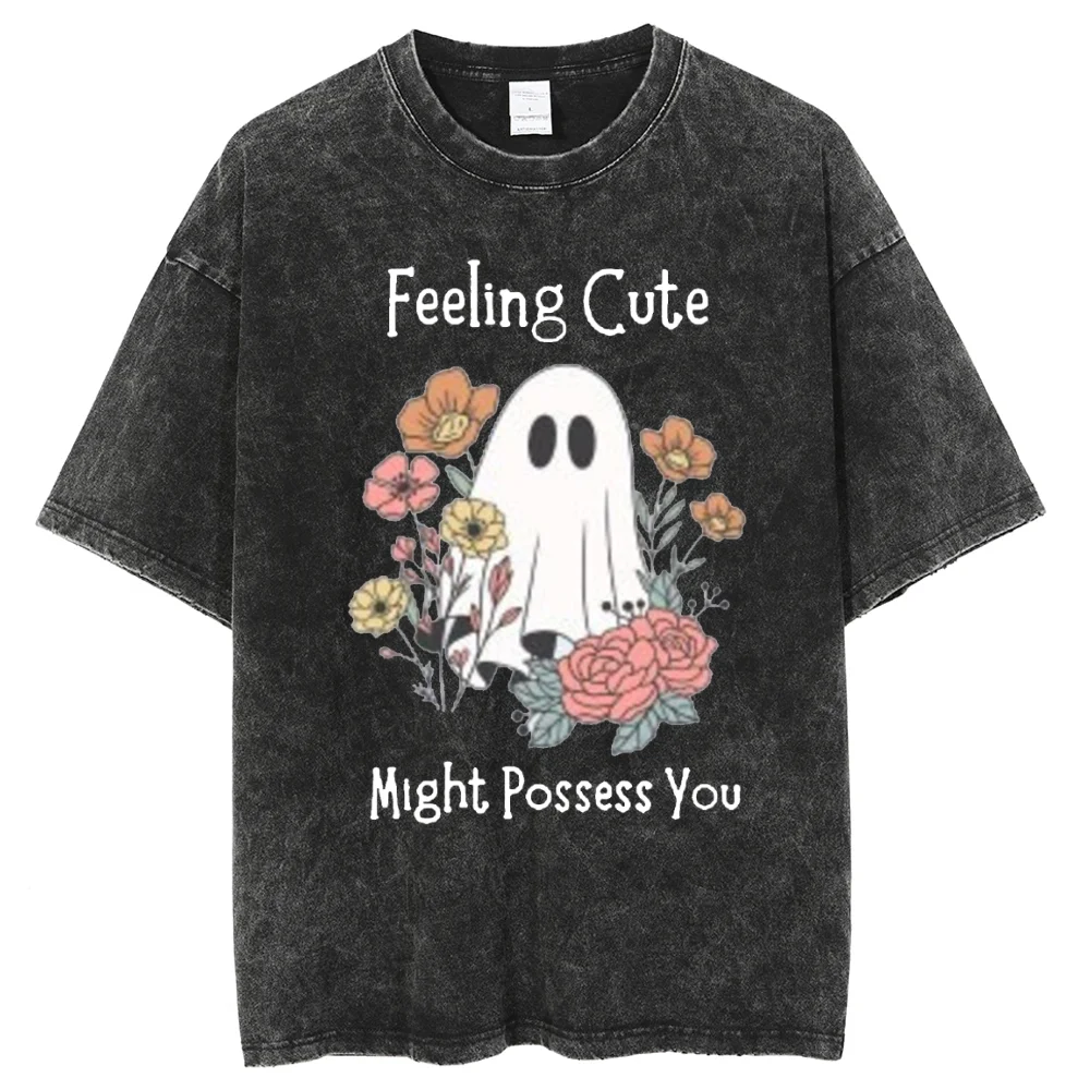 Summer New Ghost Flower Print Couple T-Shirt Women's Oversized Wash Short Sleeve Funny Design Fashion Tees Vintage Style Top