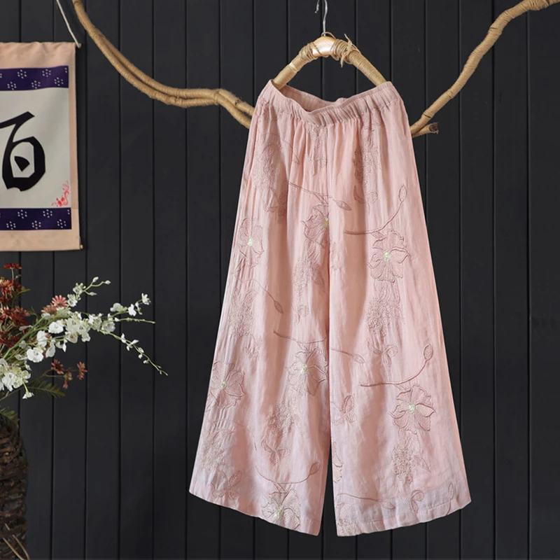 

High Quality Cotton Linen Wide Leg Pants Women New 2025 Summer Vintage Floral Embroidery Female Ankle-length Casual Pants M1696