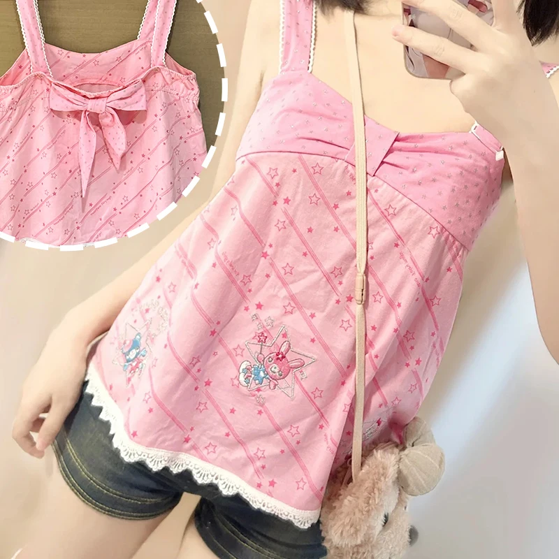 Y2K Women clothing Sweet Tanks Summer 2024 Cute Bow Strap Vest Casual Cartoon Print Camis Fashion Y2k Crop Suspender Lace Tops