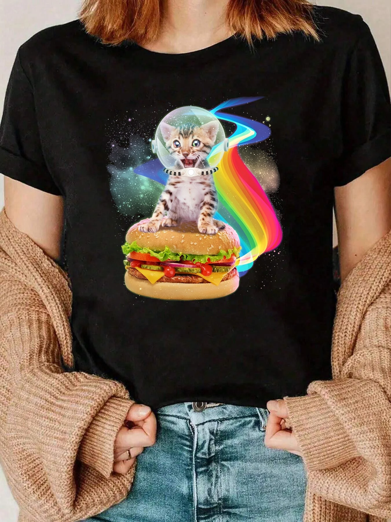 Maglietta con stampa Cat In Space Burger per donna Abbigliamento casual Completo quotidiano 220g