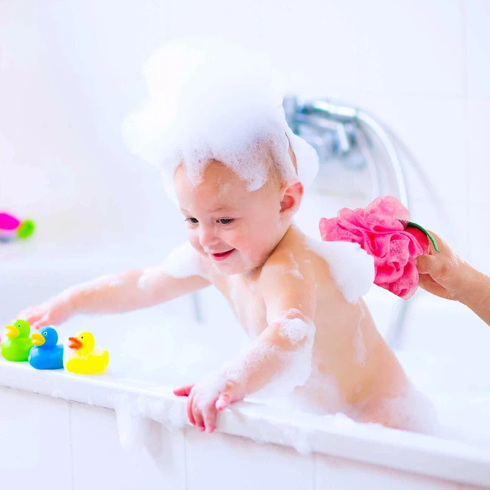 Spons mandi anak, 4 buah spons mandi anak Pouf, sikat jaring loofah, bunga mandi lucu dengan kait untuk perjalanan, desain buah yang menyenangkan