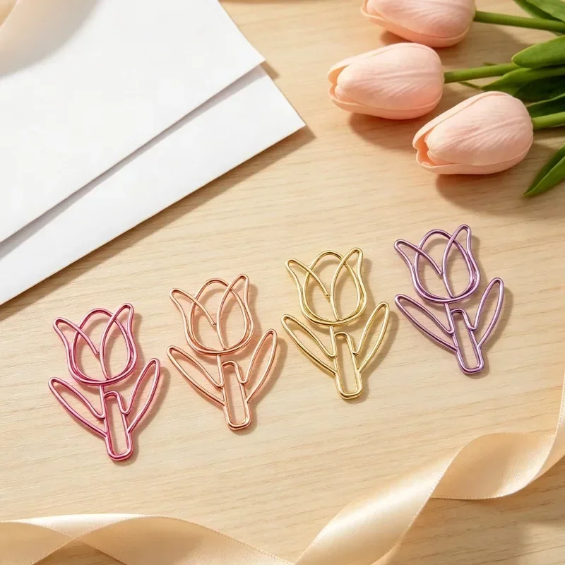 Tulip Shaped Metal Paper Clips Cute Creative Fastener Bookmark Ornament Multipurpose Packing Holder for Office Study Supplies