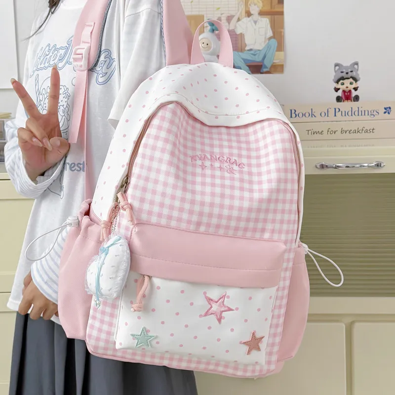 Cute and fresh star-embroidered backpack for girls, elementary school students' casual double-shoulder bag, plaid backpack for j