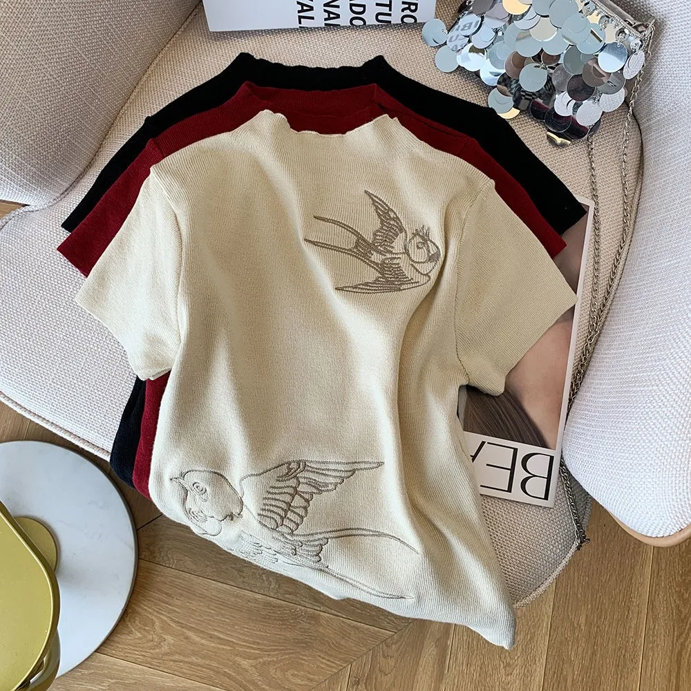 Hikigawa Chic Fashion Women Chinese Style Embroidery Short Sleeve T-Shirts Streetwear Y2k Sweet Cool Slim All Match Tops Mujer