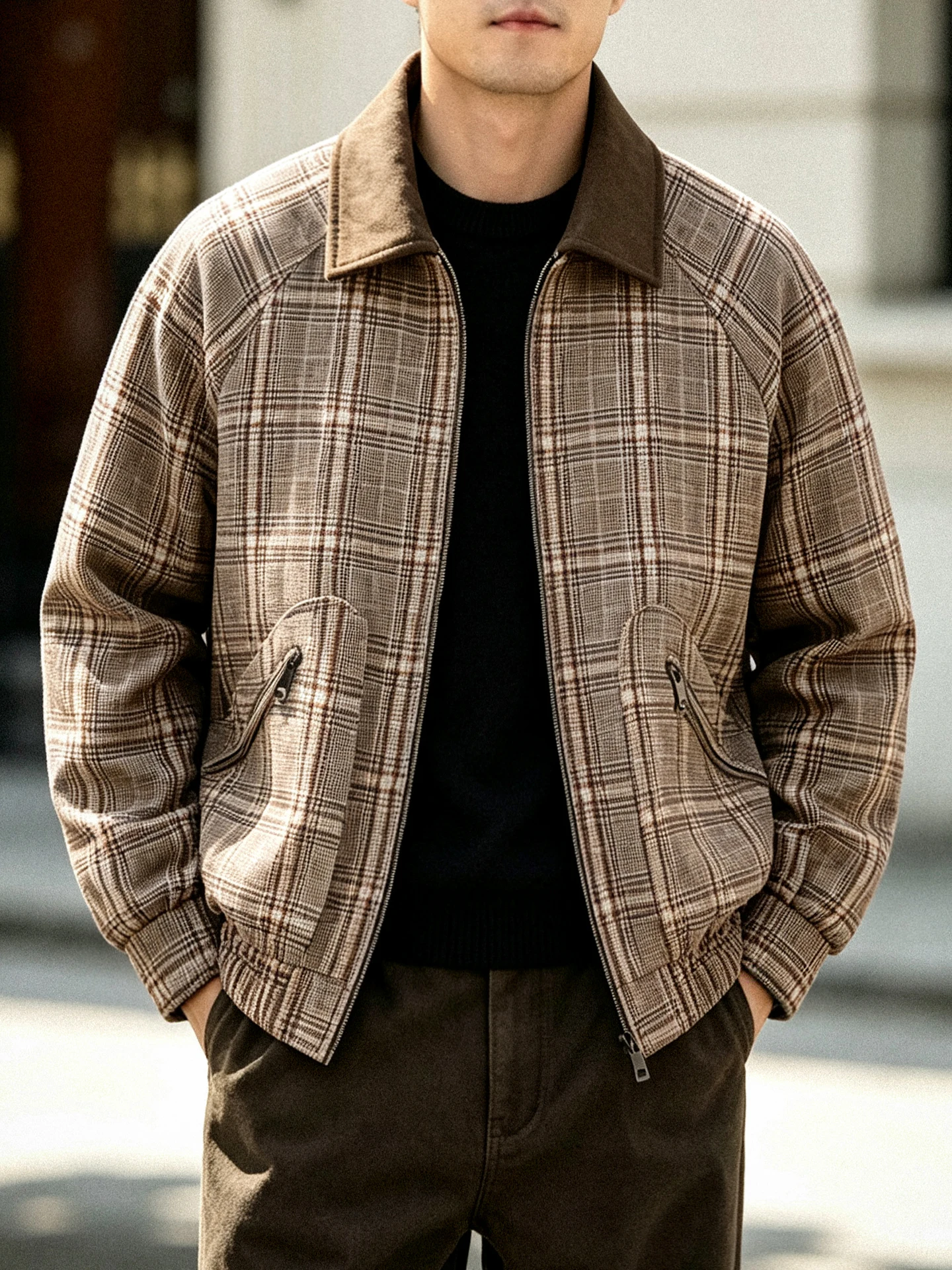 Men's Plaid Corduroy Jacket Loose Casual Style with Stand Collar Spring Autumn Outerwear Polyester Fiber Standard Fit