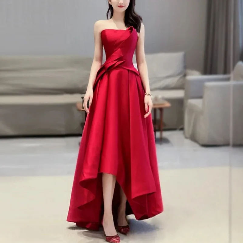 Customized Elegant Strapless Wedding Dress Slim Waist Red Temperament Prom Vestidos Luxury Pleat Robe 2024 Summer Chic Draped Dr