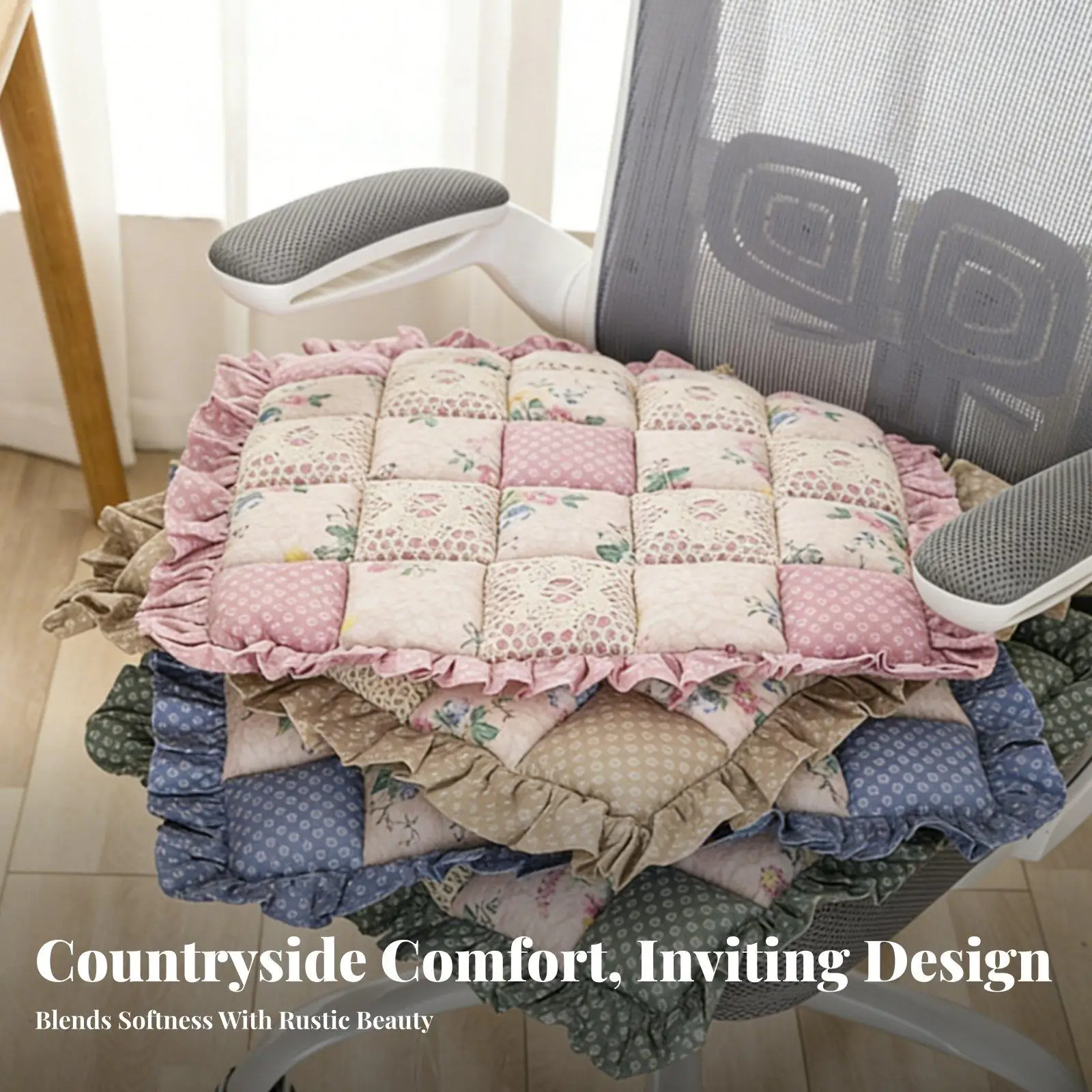 Ruffled Dining Chair Pad Secure-Hold Ties Floral Tie-on Chair Pad Breathable Patchwork Seat Cushion for Students, Office