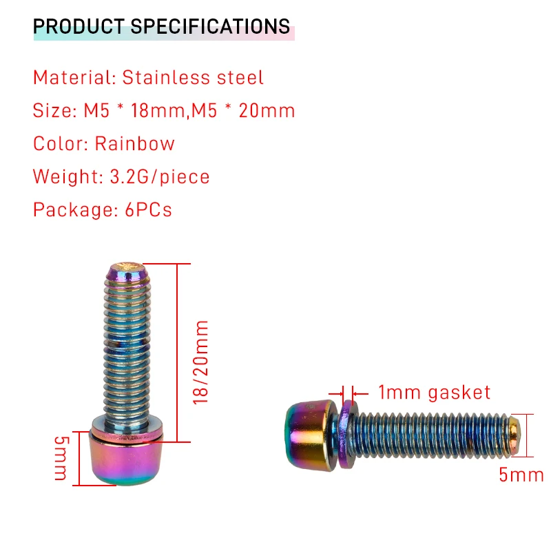 6pcs Bicycle Stem Screw M5*18/20mm Colorful Rainbow Bolt Thread M6*30mm for MTB Road Bike Stem