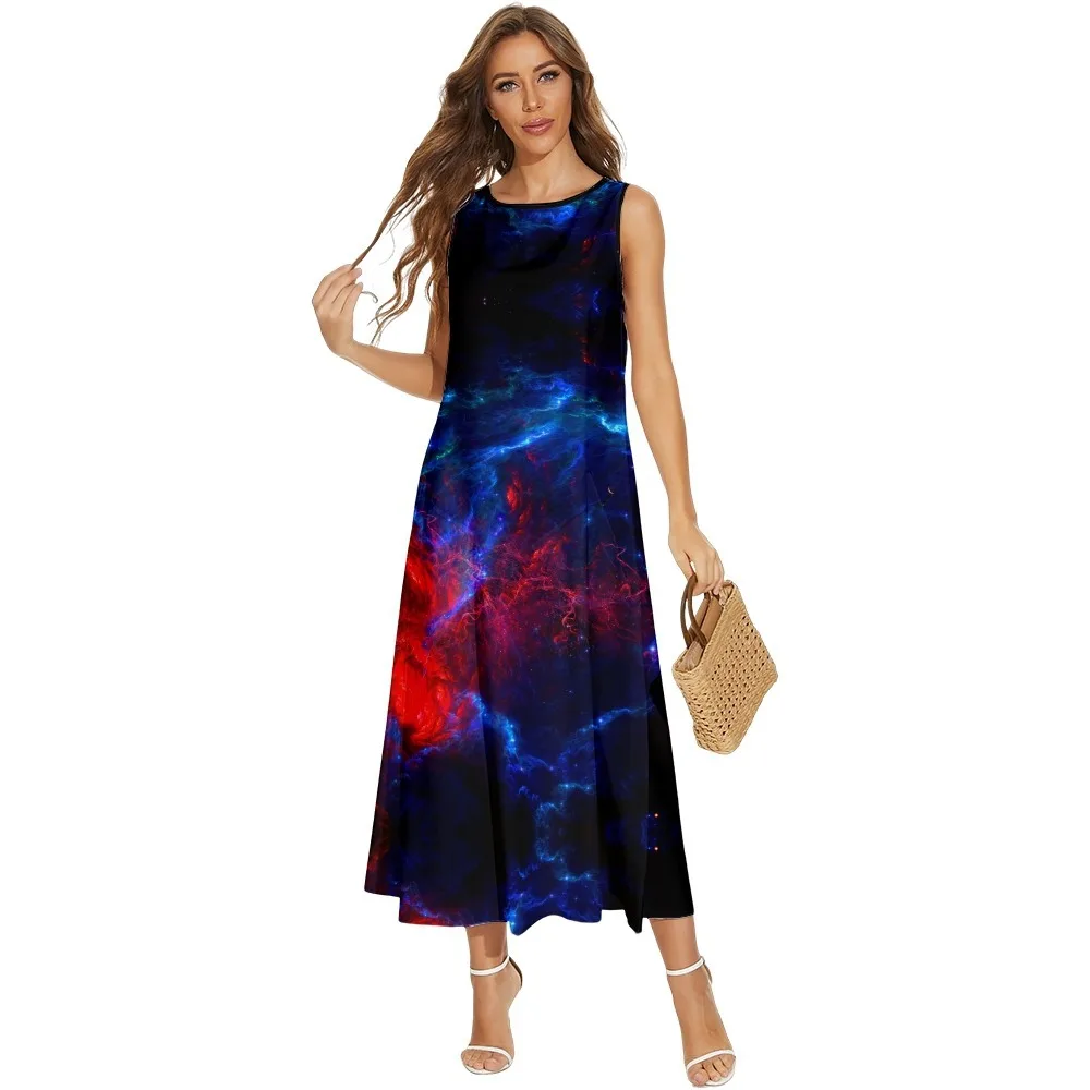 

Spring Summer Women Beach Long Dress Starry Sky Printed Sleeveless Pocket Dress Clothing Holiday Vestido