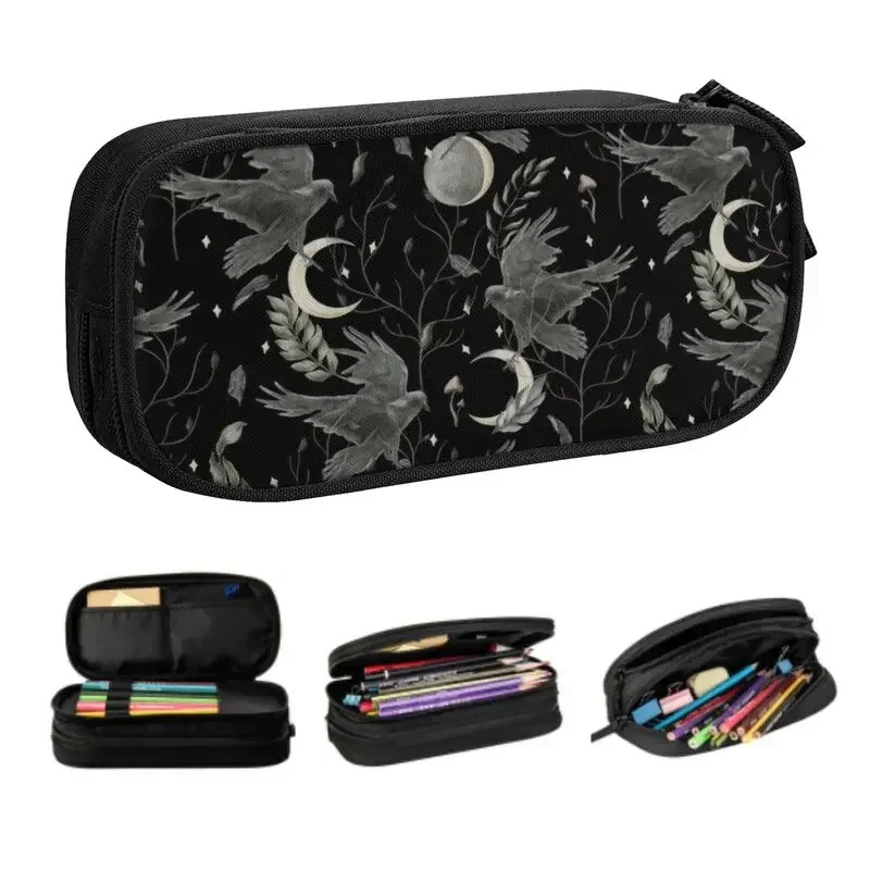 

Custom Crow Moon Cute Pencil Case Boys Gilrs Large Capacity Halloween Spooky Witch Pencil Pouch School Supplies