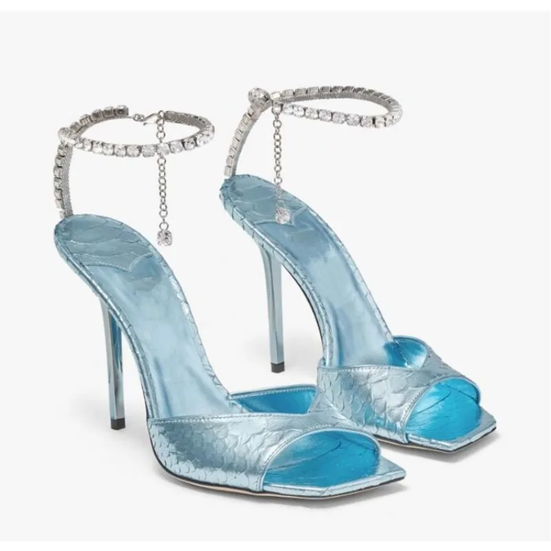 Pink Snakeskin Stiletto Heel Sandals for Women Square Toe Chain Crystal Ankle Strap Sandals Party Wedding Pumps Dress Shoes