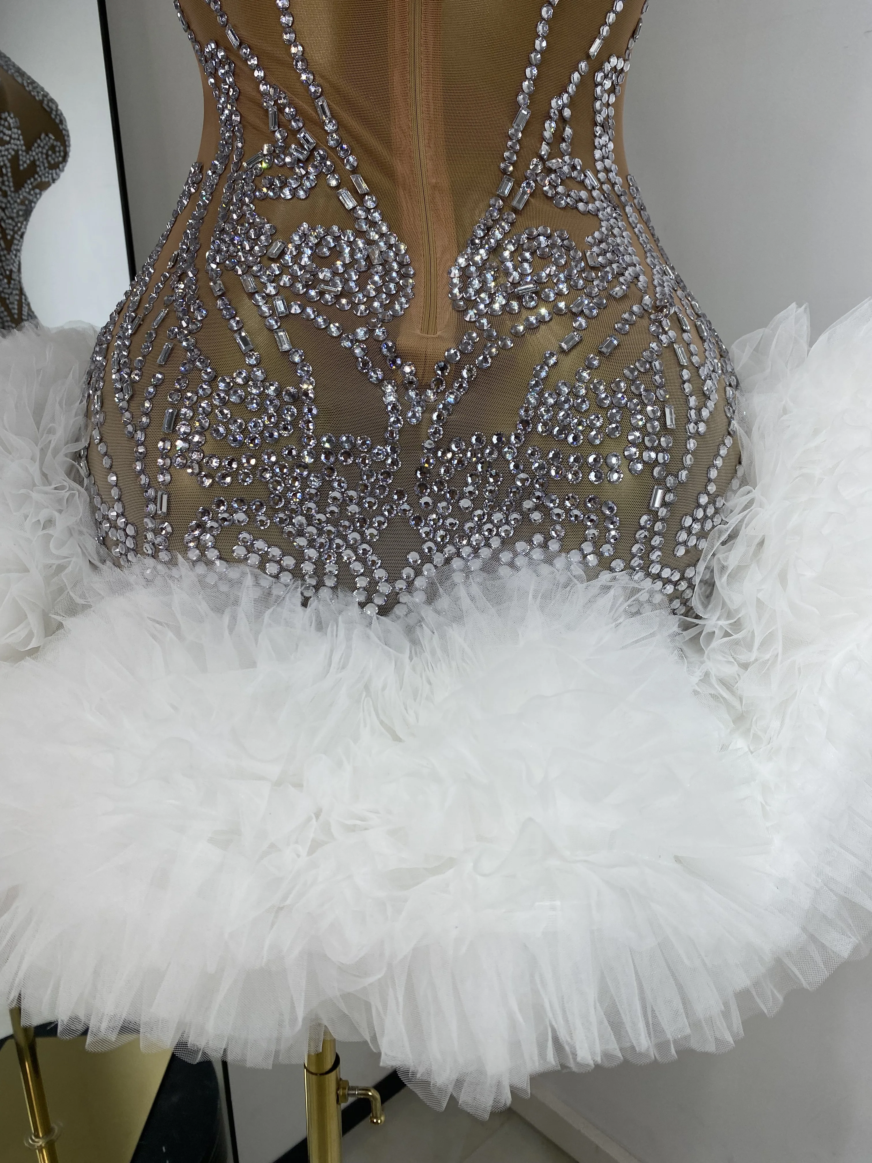 white bodycon dress with rhinestones Women Mesh Transparent Tutu Performance Costumes Celebrity Evening Club Party Birthday Dresses Size:dress size pants : 36 Dry clean only Store Model Elisha Zulu Traditional Dresses Designs
