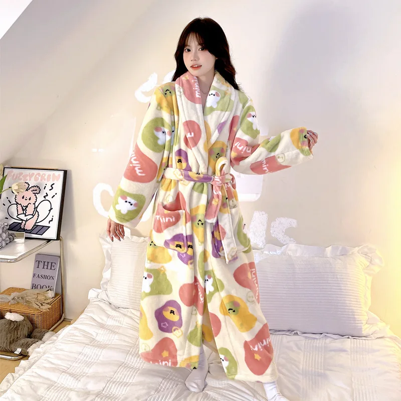 2024 Autumn Winter New Flannel Nightwear Loose Kimono Robe Sweet Homewear Women Warm Robes Long Sleepwear Loose Loungewear