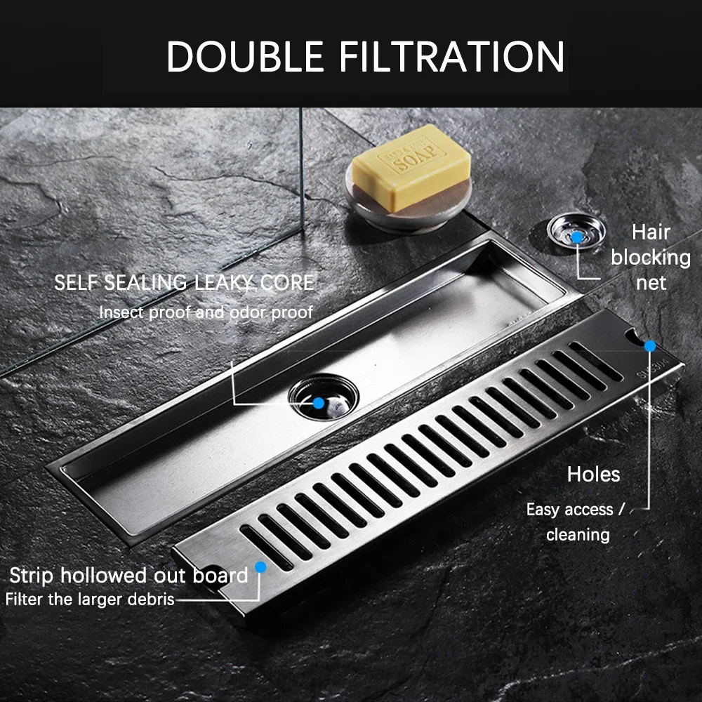 Drenaje de piso de acero inoxidable, drenaje de ducha medio/lateral, drenaje de baño lineal, desodorante plateado, drenaje de ducha de baño, 20-100cm