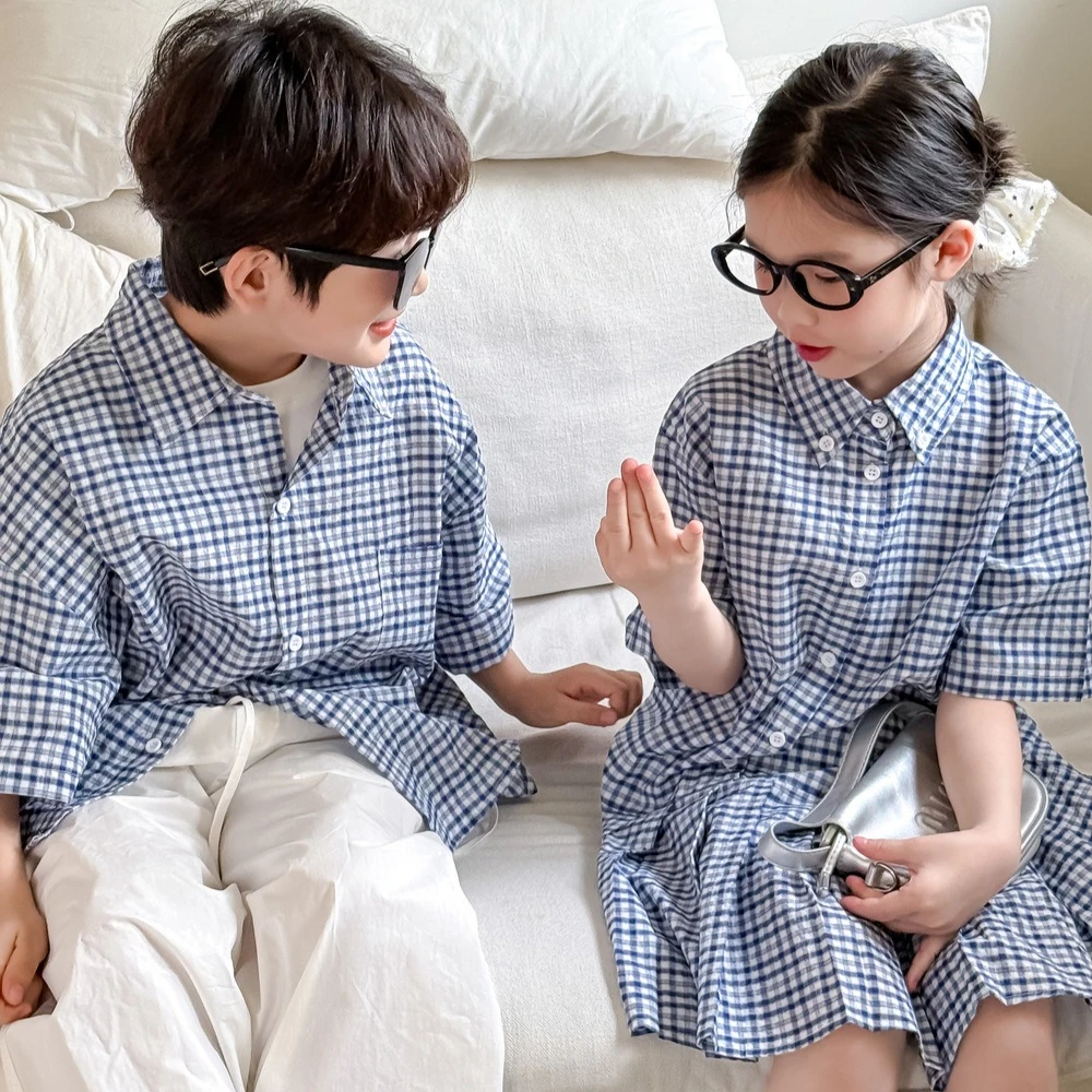 

Brother Sister Siblings Matching Plaid Outfit Fashion Baby Twin Clothes Kids Boys Shirts Toddler Girls Dress Children's Clothing