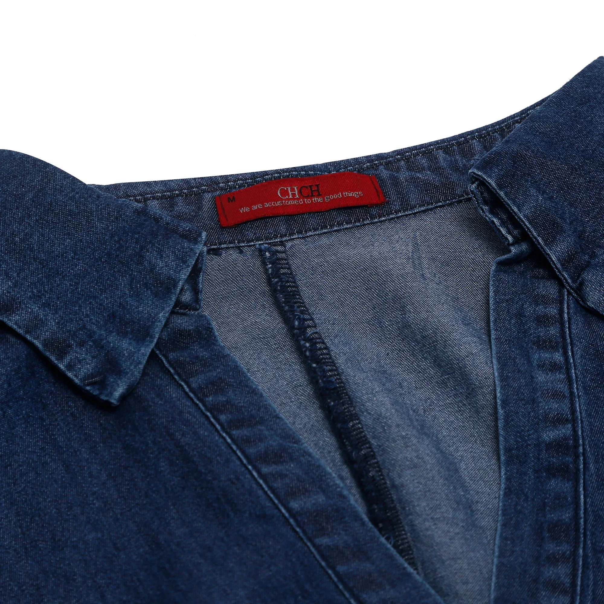 CHCH-Robe Longue Brodée en Denim pour Femme, Chemise Élégante à Col Polo, Manches sulf, Poches, Bureau