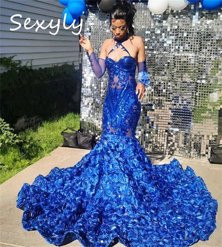 Shine Royal Blue Prom Dresses 2025 Halter Sequin Mermaid Evening Gown For Black Women 3D Florals Birthday Party Customized