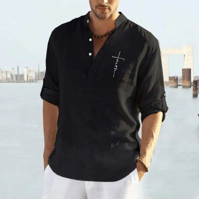 

Men's Cotton Linen Long Sve irt Stand Collar Loose Fit Thi Spring Summer Pure Color Casual Busin Wear