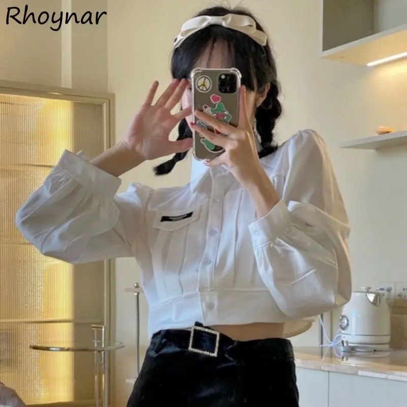 

White Shirts Women Cropped Preppy Style Ulzzang Sweet Chic Spring Loose All-match Y2k Fashion Long Sleeve Gentle Lapel Harajuku