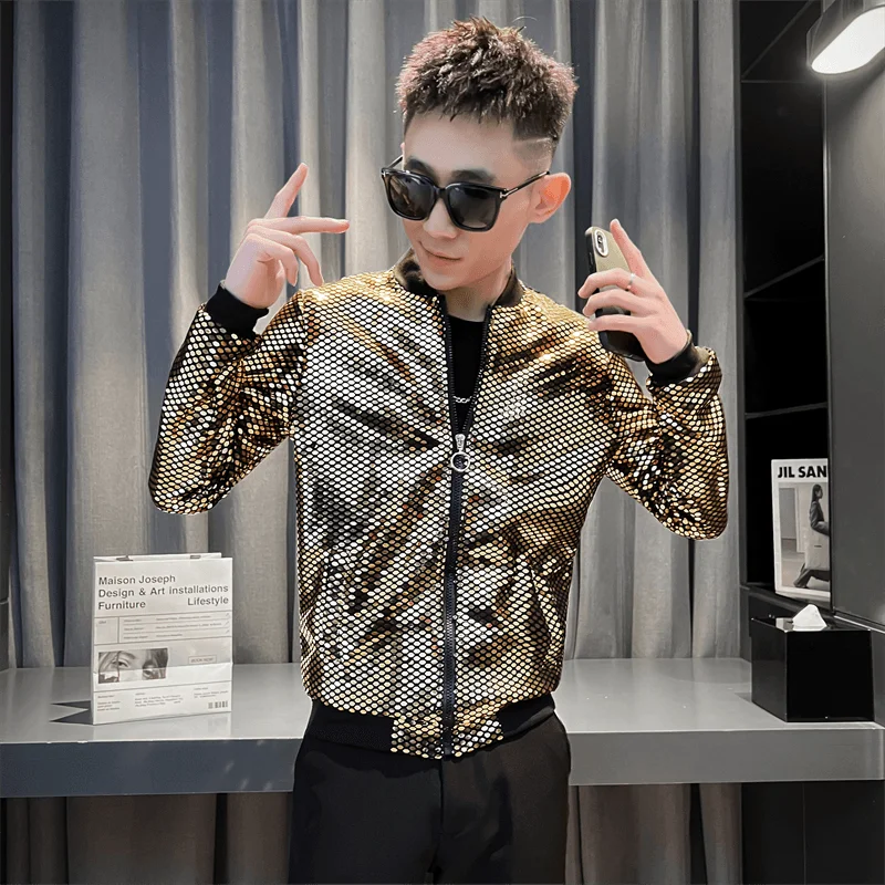 Spring and summer boys personality fashion sunscreen clothes nightclub fashion men thin jacket jacket gold sequin costume