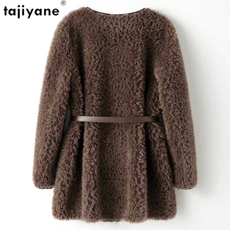 Tajiyane 100% Sheep Shearing Jacket for Women 2023 Autumn Winter Fur Coat Women Medium Elegant Wool Coats V-neck Abrigos Mujer