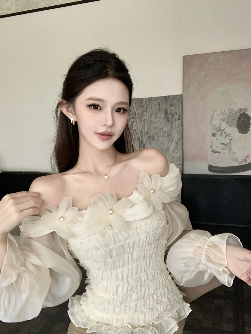 

Spring Women's Long Sleeve Shirt Slim Fit Waist Cinched Floral 3D Shoulder Design Commute Style Korean Version Gentle Wind