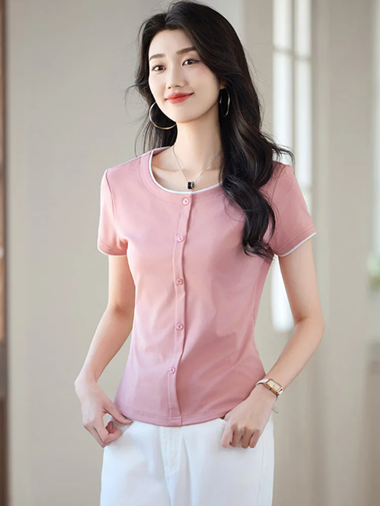 New Women Patchwork Short Sleeve T-shirt Summer Fashion Contrast Color O-Neck Slim Waist Daily T-shirt Simplicity Pullover Tees