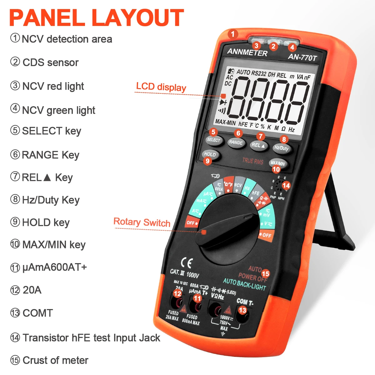 770T True RMS Multimeter 6000 Counts 1000V 20A with NCV Temperature hFE Capacitance