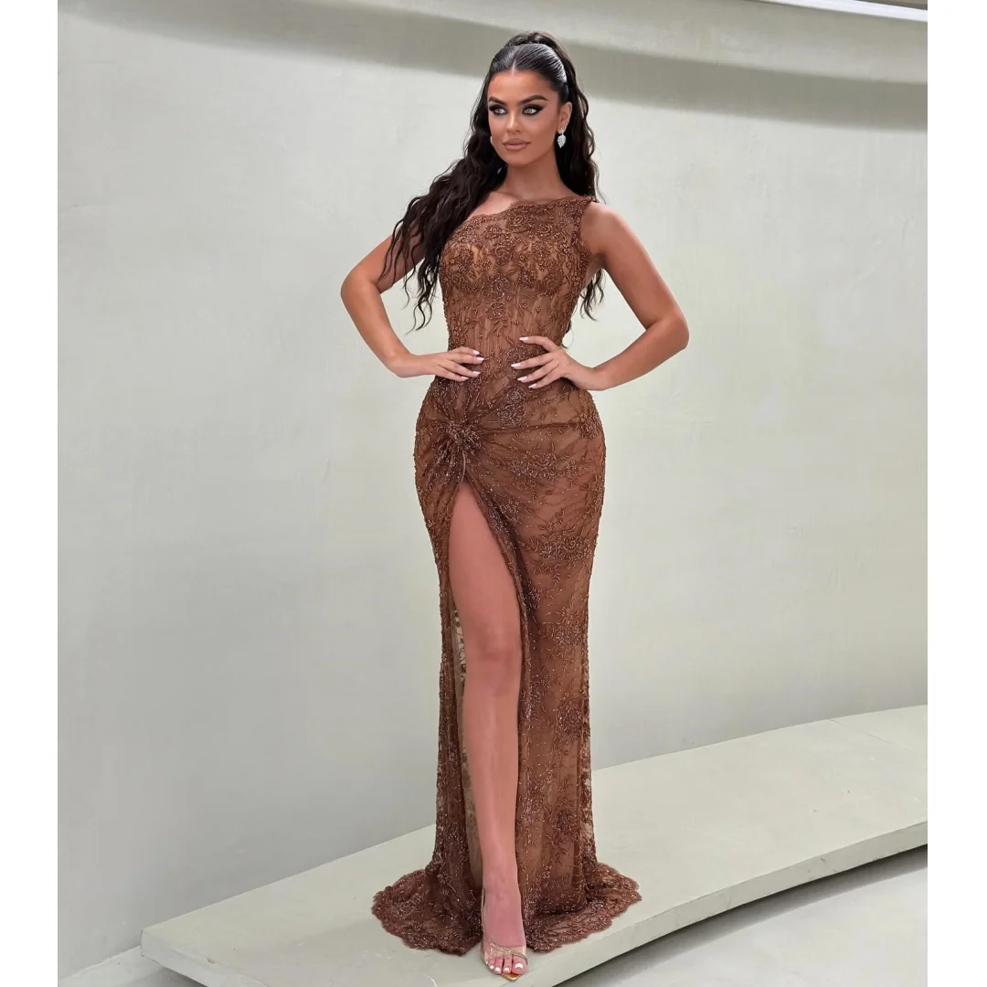 

Brown Evening Dresses Side Slit Illusion Lace Prom Dress One Shoulder Corset Elegant Party Gown Gala Vestidos Customized