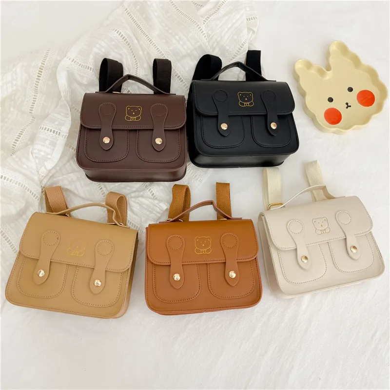 Children schoolbags fashion retro college style boys and girls backpacks cartoon bear PU shoulder small square bag trendy