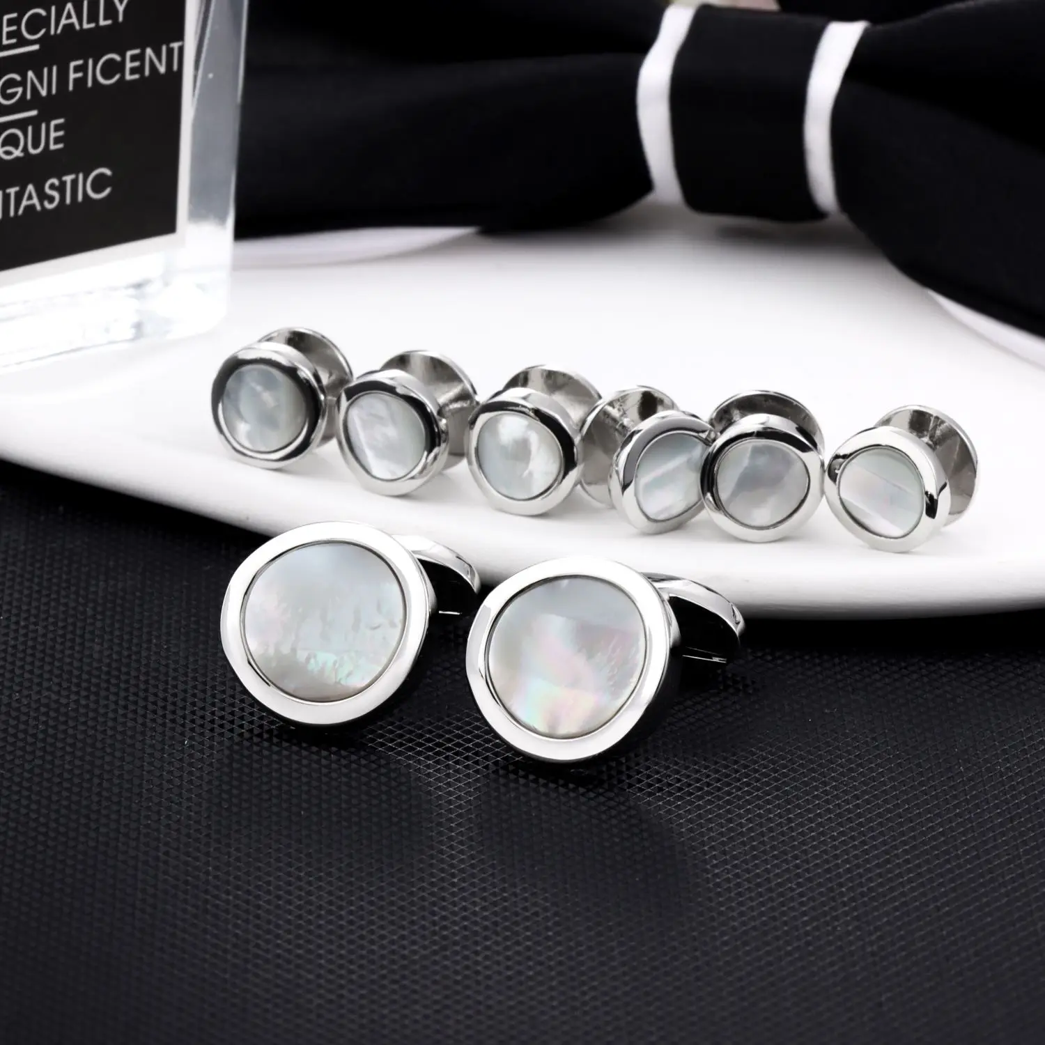 HAWSON New Arrival 8 PCS Circular Surface Mother of Pearl Cufflinks Studs Tuxedo Shirt Jewelry for Dress Shirt