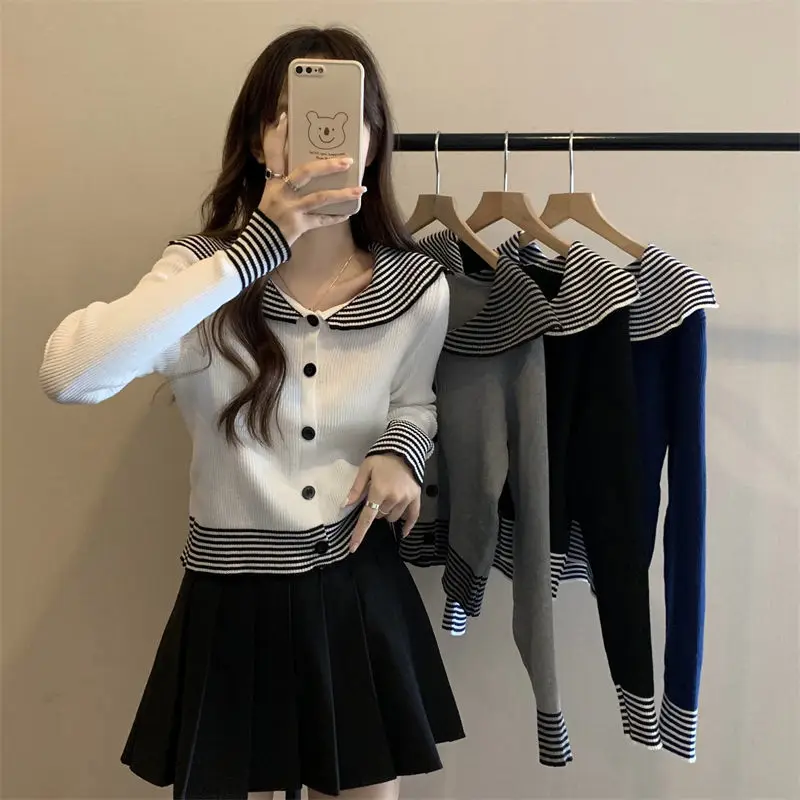 Button Long Sleeve Fashion Cardigan Women Lolita Style Knitting Peter Pan Collar All Match Female Casual Ropa Mujer Korean Top