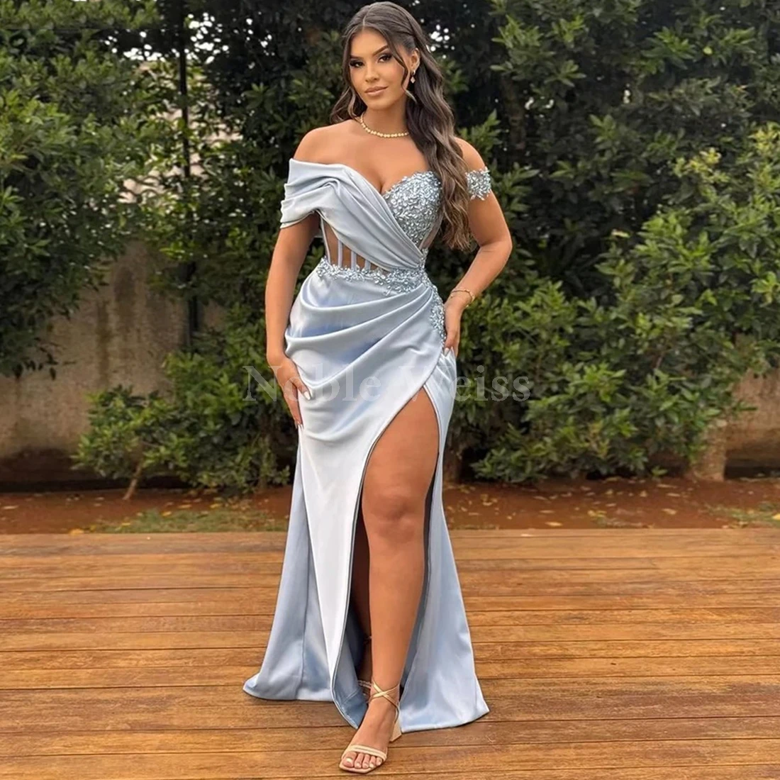 

Prom Gown Elegant Off The Shoulder Evening Dresses Mermaid with High Split Appliques Dress Customize
